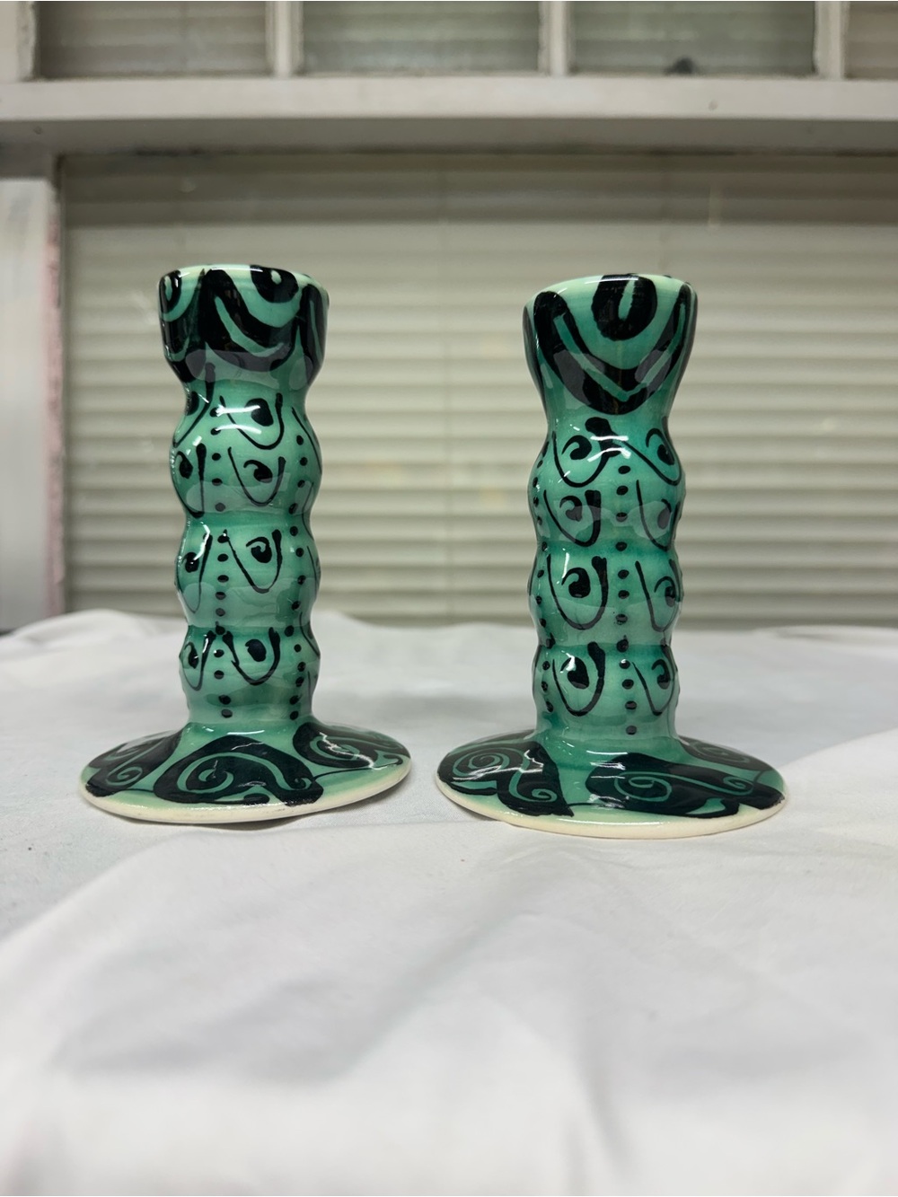 Hand-Painted/made Green porcelain Candle Holders - Pair